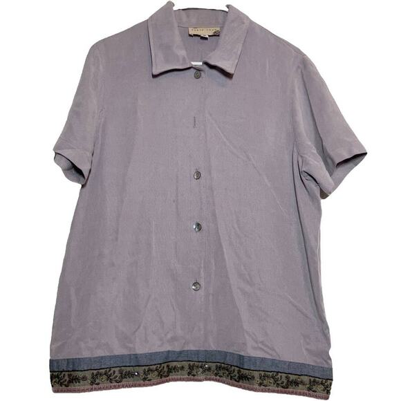 Earth Song Button Down Shirt 100% Tencel Embroidered Hem Collared Medium - Picture 1 of 5